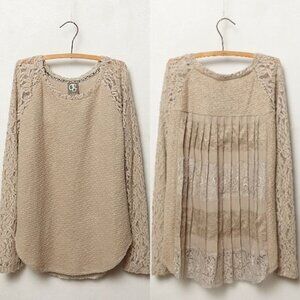 ANTHROPOLOGIE Rosanella Pullover Beige Tan Knit Top Lace Trim Pleated Back